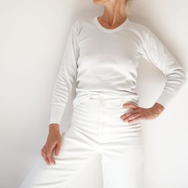 Vintage White Ribbed Cotton Shirt | Rib Knit Long Sleeve Layer Top | Scoop Neck Thermal | S M 