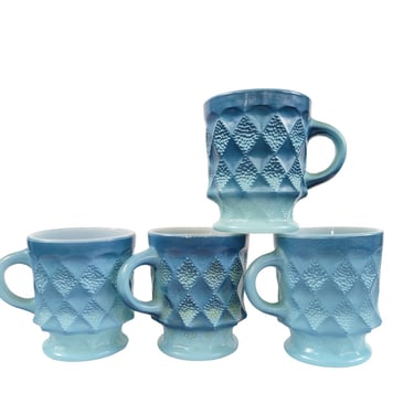 Vintage Fire King Kimberly Mugs, Set of 4 / Blue Ombre Coffee Cups with Handle / Diamond Pattern Milk Glass Mugs 