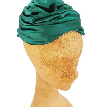 Vintage 50s Evening Hat Green Silk Turban Chapeaux Paris 