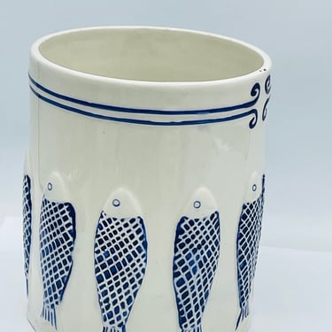 Vintage  Blue  and White Fish Design Kitchen Utensil Holder Vase 6.25