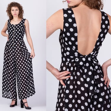 70s 80s Sheer Black & White Polka Dot Jumpsuit - Medium | Vintage Sleeveless Low Square Back Romper Outfit 