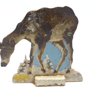 Antique German Hand Painted Wooden Deer,  Vintage Stand Up Toy for Christmas Putz or Nativity Creche, 