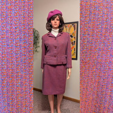 Vintage 1960s Pink & Blue Wool 2-piece Suit - Button Jacket and Straight Skirt / 60s Matching Set Winter Mad Men Secretary Jackie Kennedy 