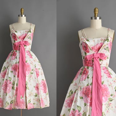 Vintage 1950s Dress | Gorgeous Pink floral Print Cocktail Party Prom Tea Cup Dress | XS 