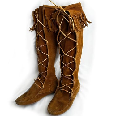 1970's Vintage Moccasins Suede Knee High Boots Brown Womens Size 6 Leather Lace Up Hippie Boho Shoes Fringe Native American Indian 