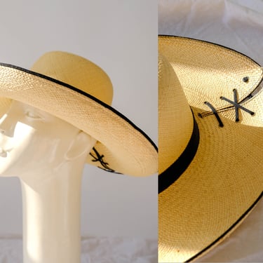 Vintage 80s I.MAGNIN Natural Straw Wide Brim Sun Hat w/ Black Trim & Cutout Lace | Made in Italy | 1990s Designer Bohemian Wide Brim Hat 