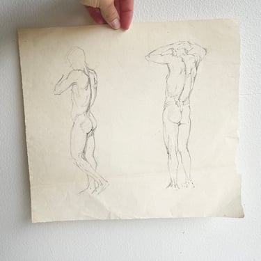 Vintage Pencil Drawing Nude Male Figure Sketch Artist Original Movement Gymnastics Dance Male Figurine Flow Artwork Unframed Pencil Sketch 