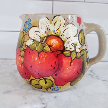 1978 Vintage Handcrafted Handpainted Pottery Pitcher with Strawberries and Flowers 