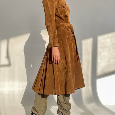 Ochre Suede Leather Trench Coat (S)