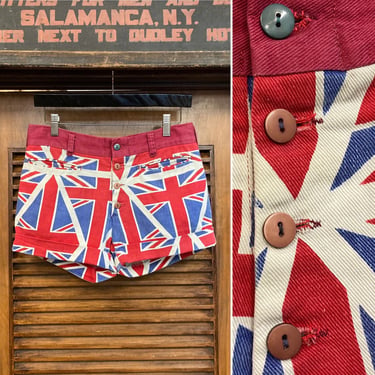 Vintage 1960’s Mod Union Jack UK Pop Art Denim Shorts, 60’s Mod Style, Vintage Denim Shorts, Vintage Brit Rock, Vintage Clothing 