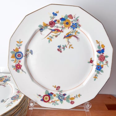 1930s Limoges Porcelain Dinner Dishes. Toned White and Cream Birds of Paradise Plates. 