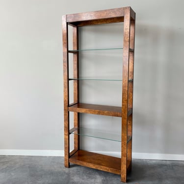 vintage mid century burl wood & glass book shelf