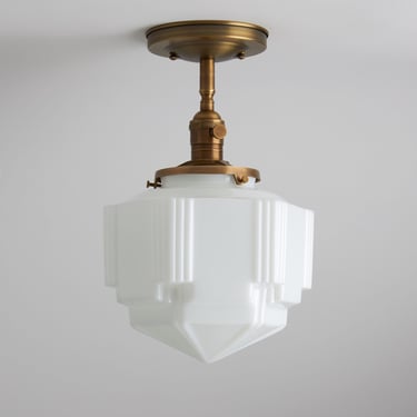 Semi Flush Mount - Art Deco Light Fixture - Skyscraper -  Brass Ceiling Light Fixture - Opal/White Handblown Glass 