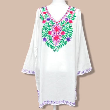Vintage Floral Embroidered White Tunic Top Size Large Womens Cotton Blouse L 