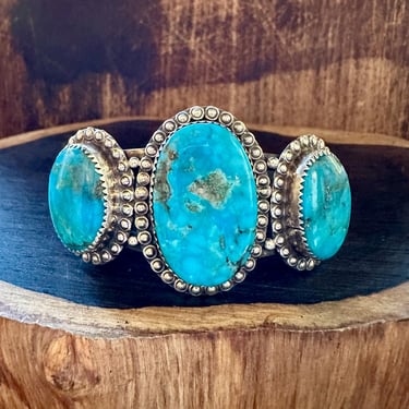 THREE CHARMED TURQUOISE and Sterling Silver Cuff | L. Archulela Bracelet | Navajo, Native American Statement Jewelry | 44g 