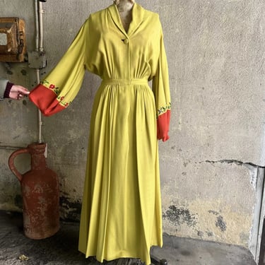 Vintage 1940s Acid Green & Red Knit Wrap Dress Balloon Sleeves Embroidery Maxi