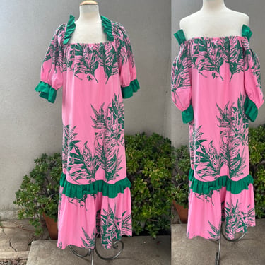 Vintage Hawaiian muumuu dress pink green ruffle’s Medium Carol & Mary 
