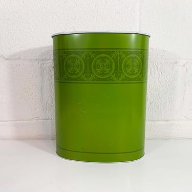 Vintage Green Trash Can Metal Basket Waste 1950s 50s Tin Litho Harvell MCM Made in USA Boho Indie Romantic Bohemian Avocado 