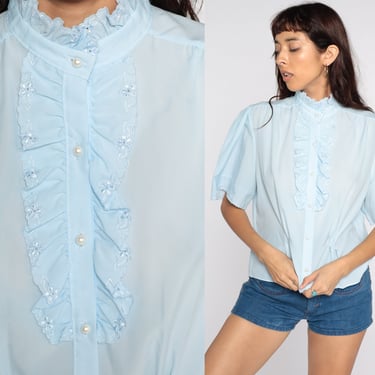 Blue Ruffle Blouse 80s TUXEDO Button Up Pastel Eyelet Cutout Top Victorian Shirt Vintage Short Sleeve Secretary Shirt Extra Large xl 