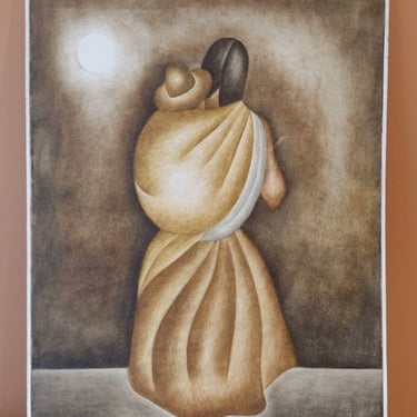 Vintage Signed Gustavo Martinez Oil Painting Indigenous Mother & Child Mexican Folk Art Expressionist Painting 24x32 