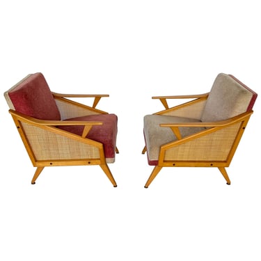Pair 1950s Beechwood Cane Lounge Chairs