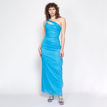 XS 90s One Shoulder Bright Blue Sparkle Gown | Vintage Sexy Keyhole Formal Maxi Party Dress 