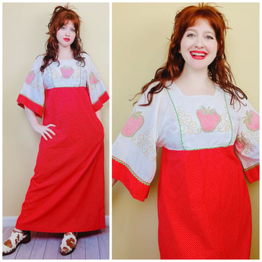 1970s Vintage Red Poly Cotton Strawberry Lounge Dress / 70s Flared Sleeve Empire Waist Polka Dot Maxi Dress / Size Medium - Large 