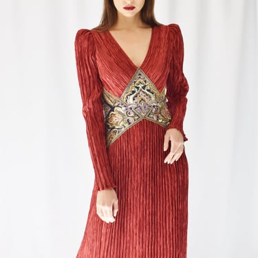 1980s Mary McFadden Cabernet Plisse Gown | S/M | Vintage 80s Red Pleated Satin Gown with Sequins and Beads 