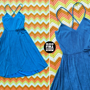 Chic Vintage 70s 80s Teal Terrycloth Style Fit and Flare Sun Dress 