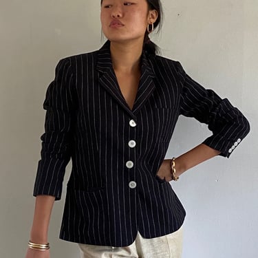 90s Ralph Lauren blazer / vintage black linen + cotton pinstripe Fleet Street schoolboy blazer | Medium 