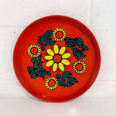 Vintage Red Flower Power Metal Drink Tray Plate Retro Round Mid-Century Action Made in Brazil USA Green Yellow Barware Serving Floral 1970s 