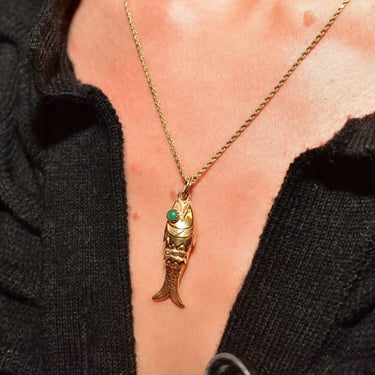 Vintage 14K Yellow Gold Articulated Fish Pendant, Green Jade Eyes, Lucky Gold Fish Charm, Solid 585 Gold Pendant, 1 3/4" L 