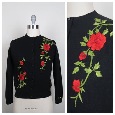 Vintage 1950s rose embroidered cardigan sweater, wool angora, hand embroidery, size small 
