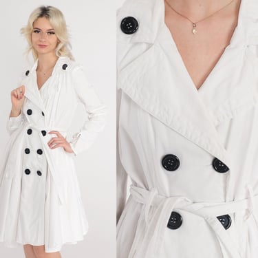 White Trench Coat Y2k Jacket Cotton Double Breasted Button Up 2000s Retro Belted Fit and Flare Jacket Dress Plain Spring Vintage Small 