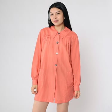 Vintage Coral Pink Smock Dress Peter Pan Collar Button Up Shirtdress Long Sleeves Pockets 1980s Loose Fit Tent Top Small 