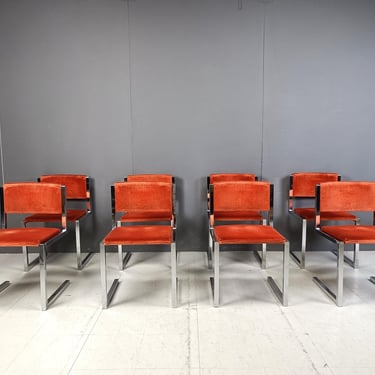 Vintage chrome cantilever dining chairs set of 8, 1970s - vintage design dining chairs - orange dining chairs 