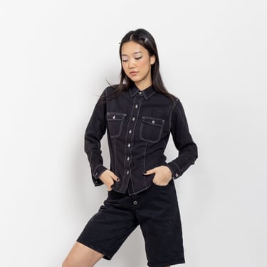 BLACK DENIM SHIRT Vintage Work Shirt Workwear Button Up Long Sleeve Woman 90's Contrasting Stitching / Small Medium 