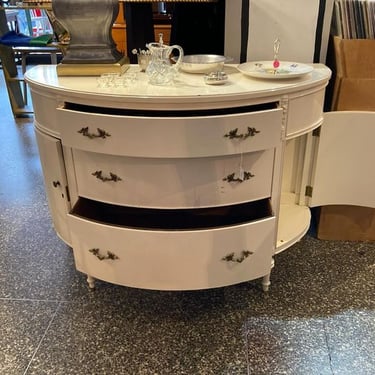 White painted Demi lune with drawers and doors 48” x 21.5” x 35”