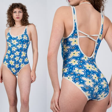 90s Floral One Piece Swimsuit - Small | Vintage Blue Flower Power Low Back Bathing Suit 