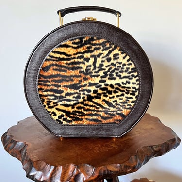 Leopard print faux fur round train case, animal print hat box, round purse, travel suitcase traincase 