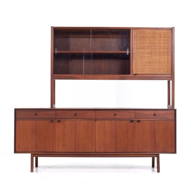 Jack Cartwright for Founders Mid Century Cane and Walnut Credenza Hutch - mcm 