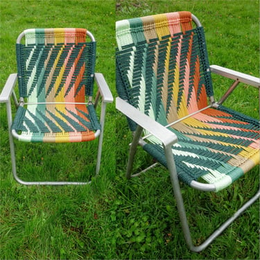 Handmade macrame lawn chair in bright, modern pastel colors & green, unique outdoor furniture for camping / glamping forest fathers van life 