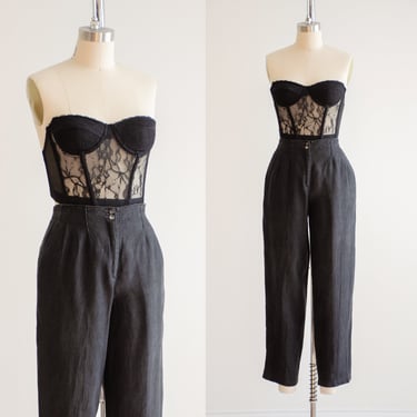 high waisted pants 90s vintage Liz Claiborne black linen dark academia straight leg trousers 