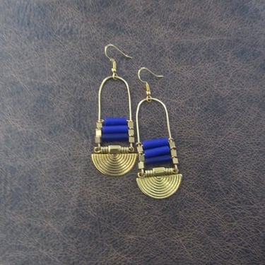 Blue sea glass earrings, chandelier earrings, statement earrings, bold earrings, etched gold earrings, tribal ethnic earrings, chic 