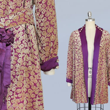 1920s Jacket / 20s Devore Velvet Purple and Yellow Robe Coat / Matching Belt or Headpiece 