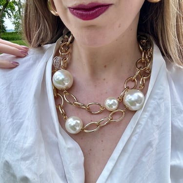 French Pearl and Lucite Bubble Gold Link Necklace