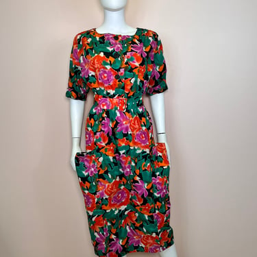 Vtg 1980s colorful floral midi dress with pockets 