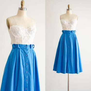 blue midi skirt 80s vintage button down fit and flare cotton skirt 