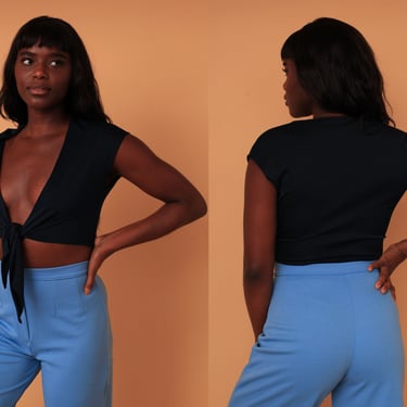 Vintage 1970s Navy Cropped Waist Tie Top // V-Neck Plunging Neckline 