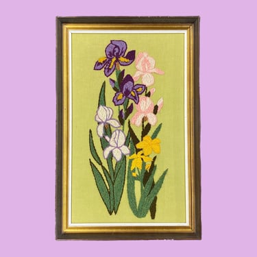 Vintage Floral Crewel 1970s Retro Size 24x16 Mid Century Modern + Paragon Needlecraft + Barbara Sparr + Flower Embroidery + Irises Wall Art 